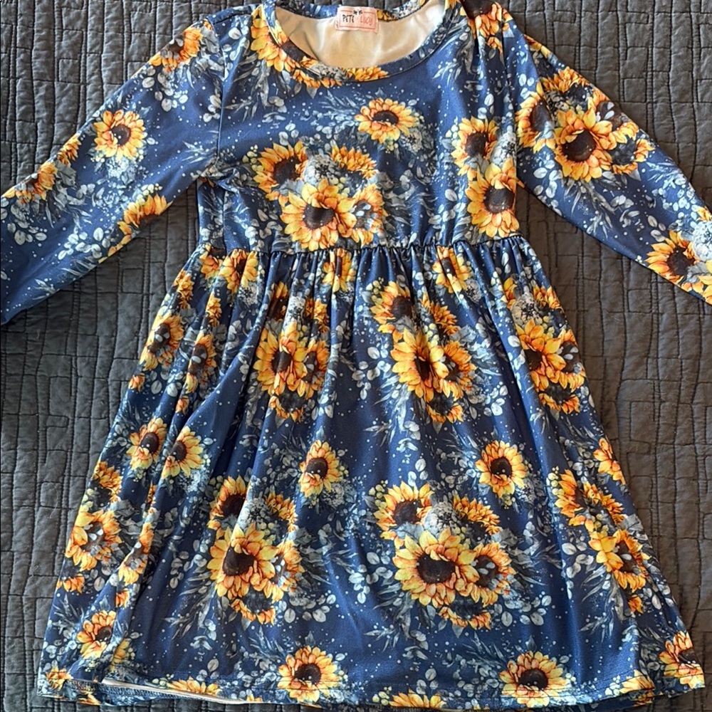 Blue and Gold Pleated Sundress with Long Sleeves